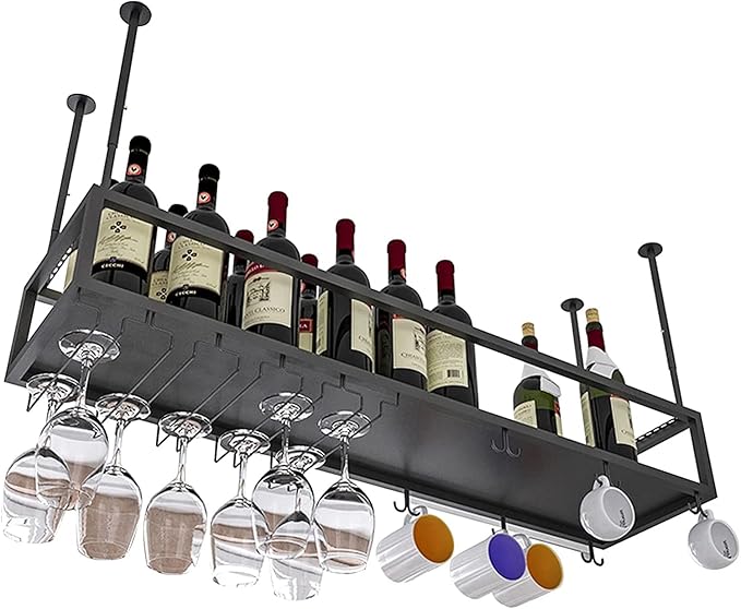 Hanging Black Wine Glass Holder Metal Wine Bottle Rack by Unknown