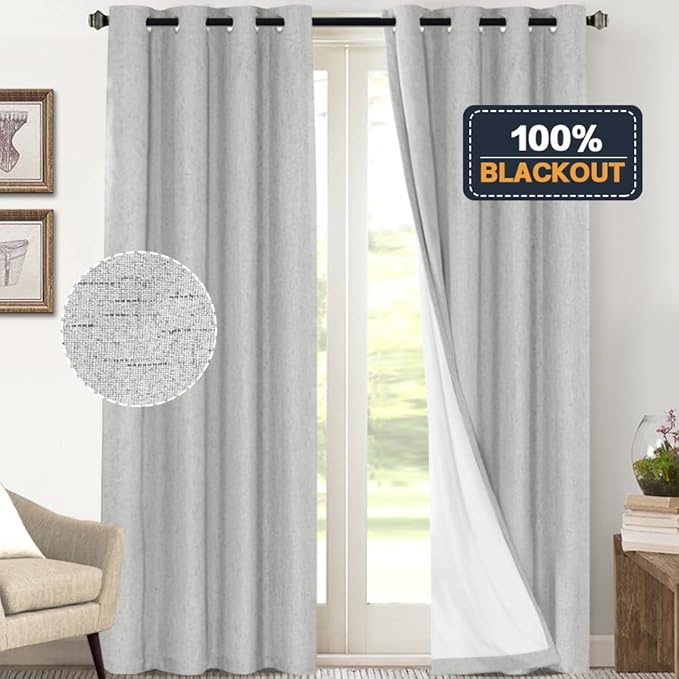 PrinceDeco 100% Blackout Curtains 108 Inches Long 2 Panels Set Burlap Vintage - Image 2