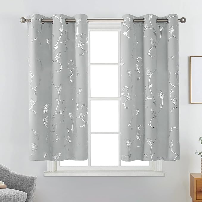 BUHUA Silver Grey Blackout Curtain 2 Panel Set Vine Foil Print Thermal - Image 2