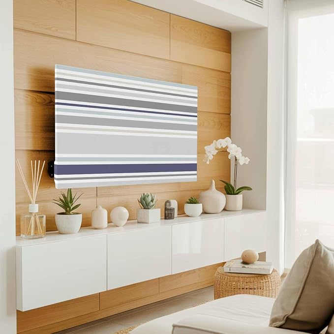 Minimalist Stripes Gray Blue Beige Indoor TV Cover, Elastic TV Screen Protector - Image 3