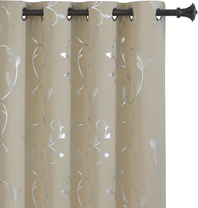 BUHUA Blackout Curtains Silver Foil Print Flower Vine Grommet Drapes, Room by BUHUA