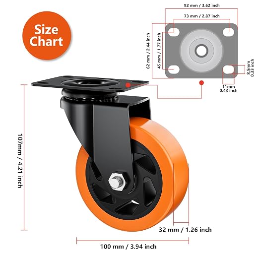4" Swivel Plate Casters Set of 4 Heavy Duty 1200 lbs | Orange PU, Non-Marking - Image 2