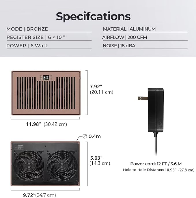 Quiet Register Booster Fan Fits 6" x 10" Register Holes, 10-Speed Smart Heating - Image 6