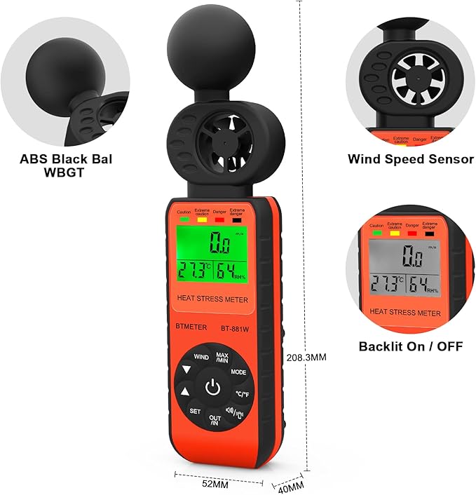 BTMETER BT-881W Heat Stress Meter Anemometer, Digital Indoor/Outdoor WBGT Meter - Image 5
