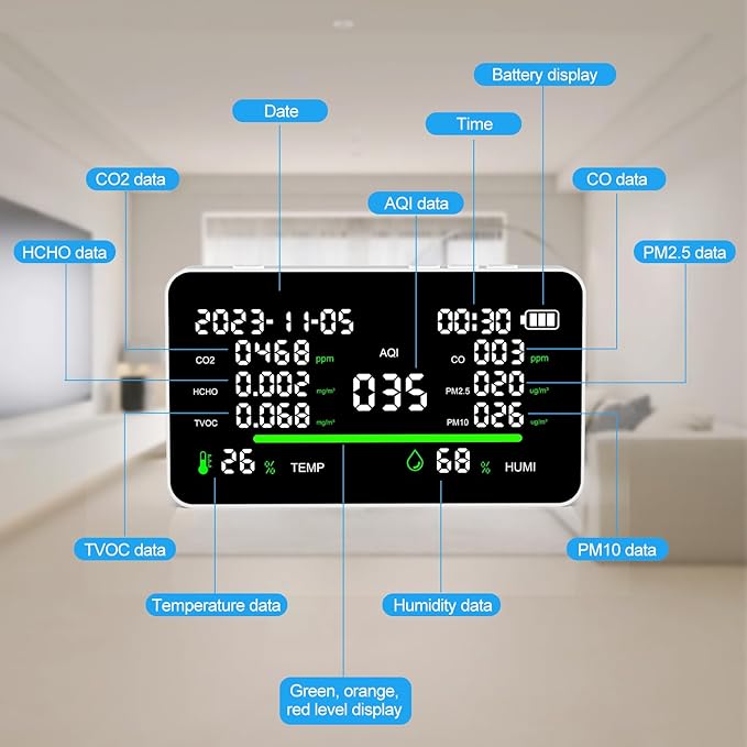 11-in-1 Air Quality Monitor, Indoor CO2/VOC/AQI/PM2.5/Thermometer/Humidity - Image 6