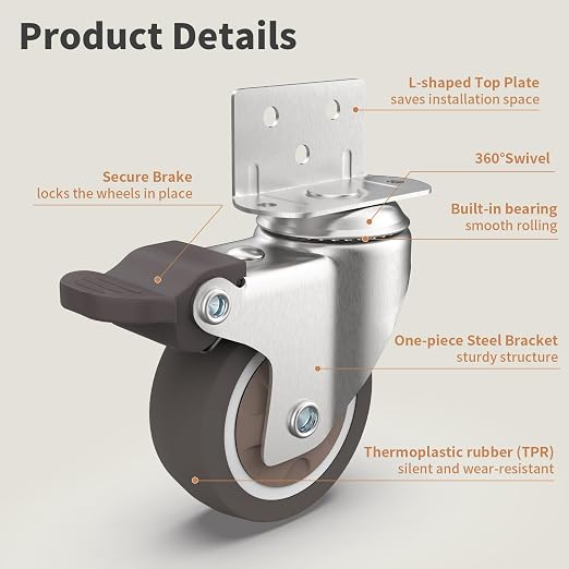 2" L-Shaped Swivel Plate Casters, TPR Silent Furniture Wheels - Image 2
