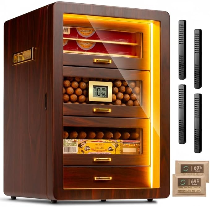 Desktop Cigar Humidor Cabinet Triple-Sided Light by Marvero