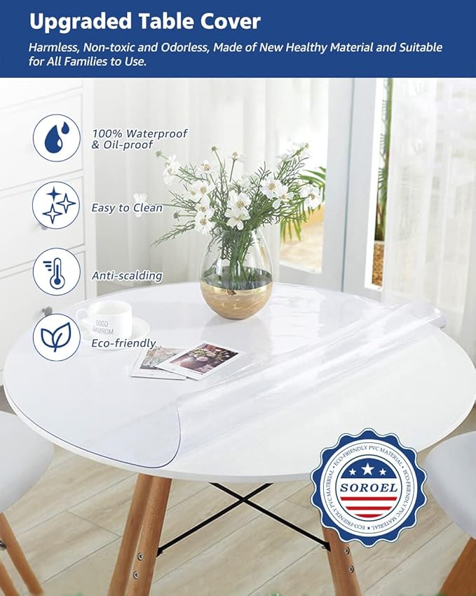 52 Inch Round Clear Dining Room Table Cover Easy Clean Waterproof Plastic Vinyl - Image 2