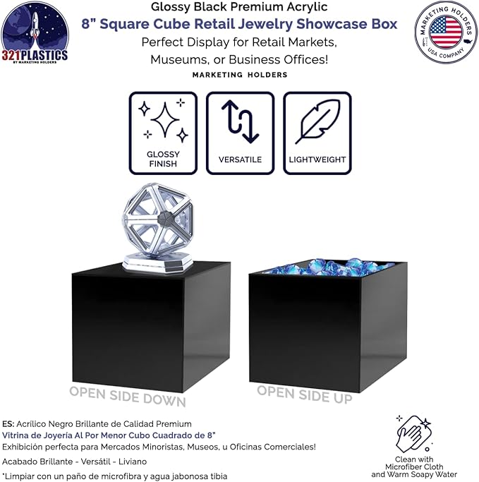 4 Pack 8 Inch Box Glossy Black Acrylic One Piece Display Box No Lid - Image 2