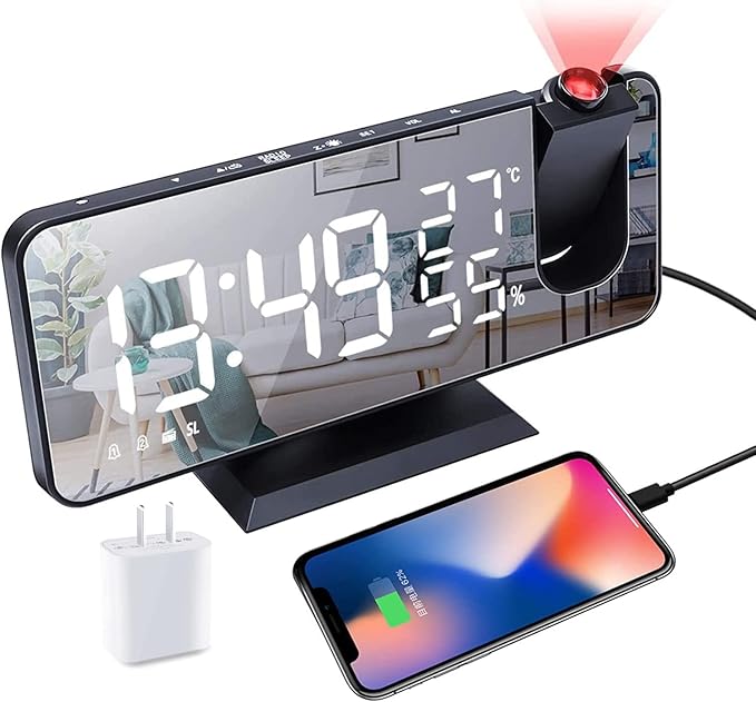 Projection Alarm Clock for Bedrooms Ceiling, Digital Clock Radio by Hanaix