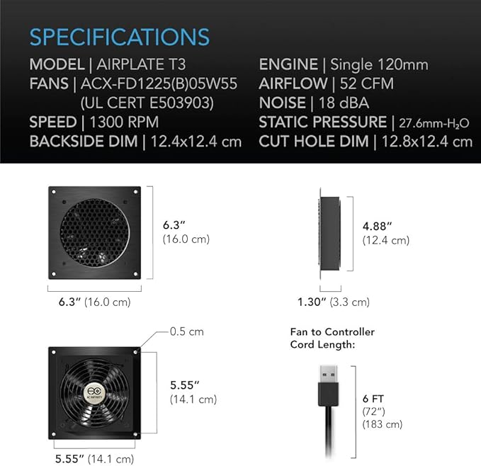 AC Infinity AIRPLATE T3, Quiet Cooling Fan System 6" - Image 6