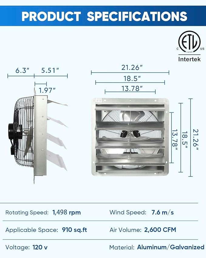 KEN BROWN 18 Inch Shutter Exhaust Fan, Gable Vent Fan, Wall Mount Ventilation - Image 2