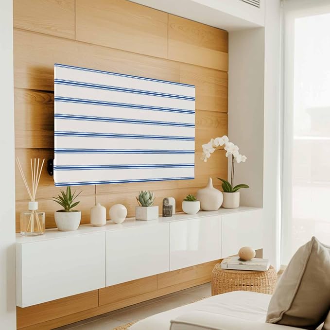 Modern Geometric Blue Stripe Indoor TV Cover, Elastic TV Screen Protector - Image 2