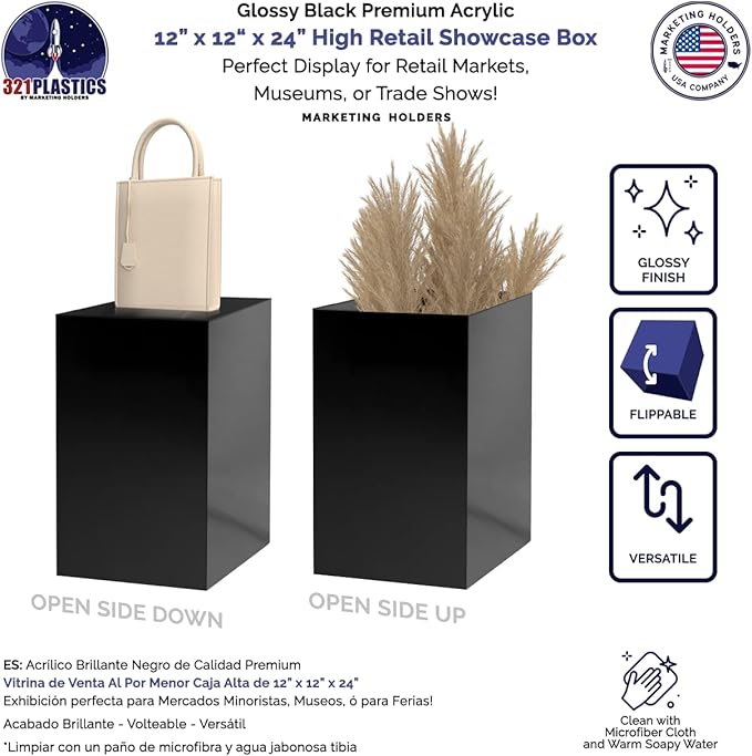 12" x 12" x 24" Acrylic Cube / Display 5 Sided Box Black - Image 3