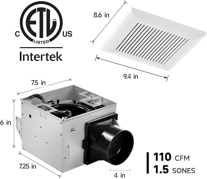 Tech Drive Bathroom Exhaust Fan 110 CFM, 1.5 Sone, 4-Inch Duct, No Attic Access - Image 2