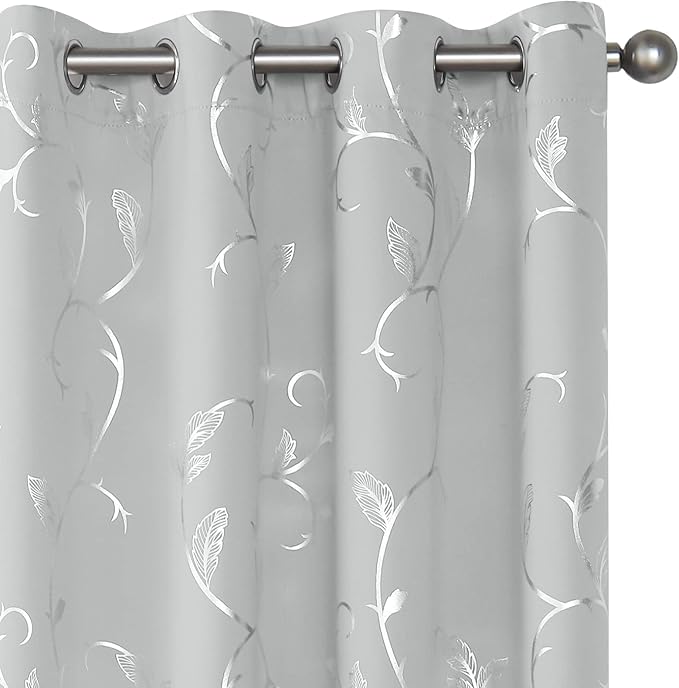 BUHUA Silver Grey Blackout Curtain 2 Panel Set Vine Foil Print Thermal by BUHUA