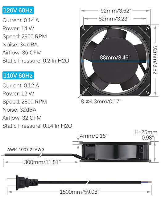 GDSTIME Axial Fan 90mm, 110V 120V AC 92mm x 92mm x 25mm Dual Ball Bearing - Image 2