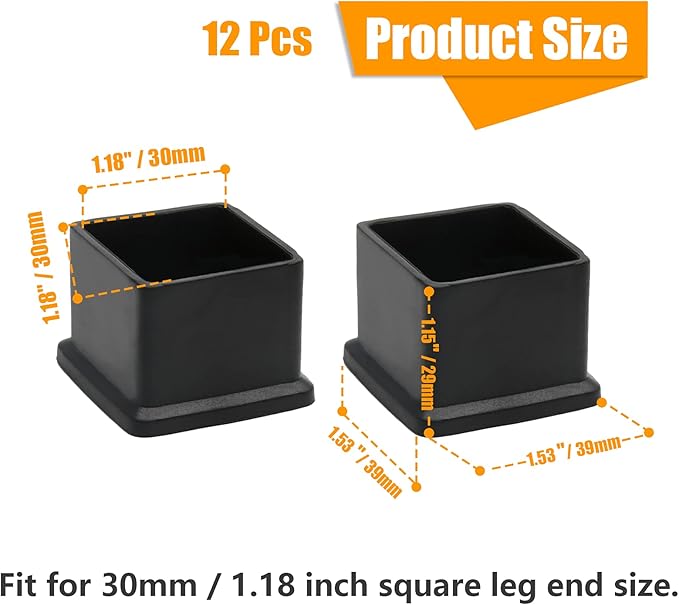 12PCS Square Chair Leg Caps 1-3/16" x 1-3/16" Square Rubber Covers Black - Image 2