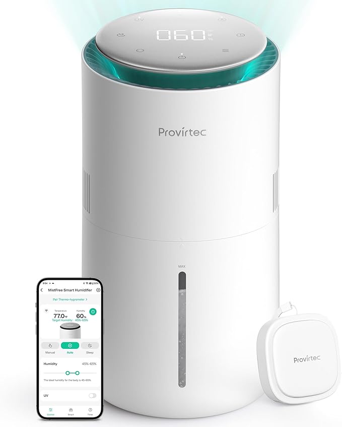 MistFree Smart Humidifier for Bedroom, Evaporative Humidifier No White Dust by Provirtec