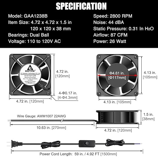 GDSTIME AXIAL Fan 12038, 110V 120V AC 120mm Fan, Ventilation Exhaust Projects - Image 6