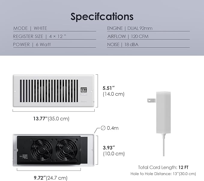 Quiet Register Booster Fan Fits 4" x 12" Register Holes, 10-Speed Smart Heating - Image 6