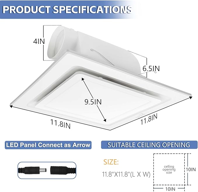 Bathroom Exhaust Fan with Light, Bathroom Fan with 6000K Square LED Combo - Image 3