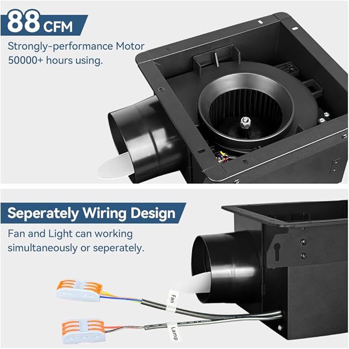 Bathroom Exhaust Fan with Light 88CFM 1.0 Sone, Quiet 28W Bath Shower Fan 3CCT - Image 5