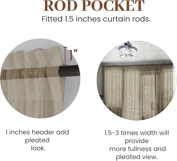 Dreaming Casa Solid Sheer Curtains 96 Inches Long Taupe Rod Pocket Voile - Image 2