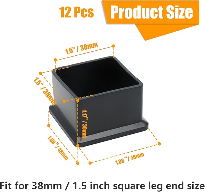 12PCS Square Chair Leg Caps 1-1/2" x 1-1/2" Square Black Furniture Foot Table - Image 2