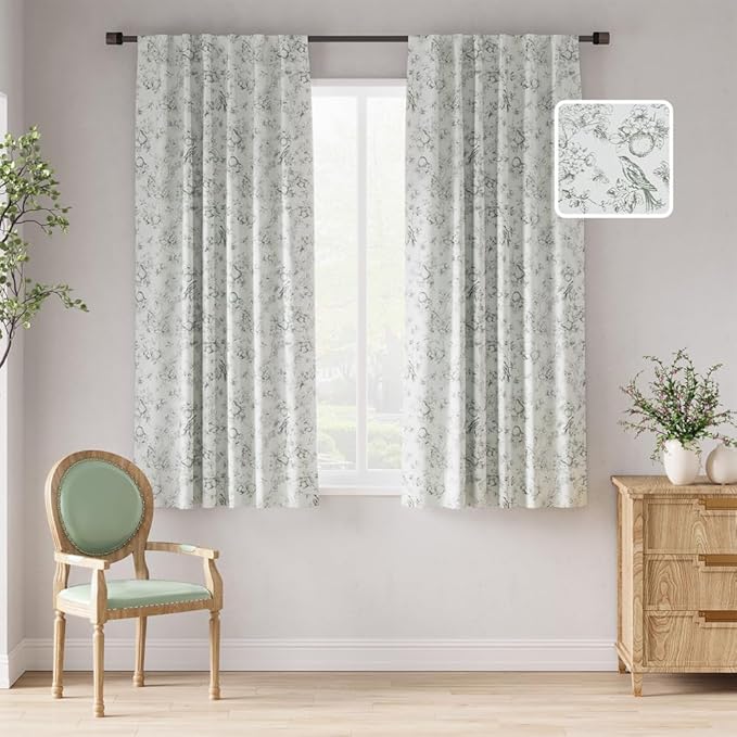 jinchan 95% Blackout Floral Curtains 63 Inch Length, Printed Flower Sage Green by JINCHAN