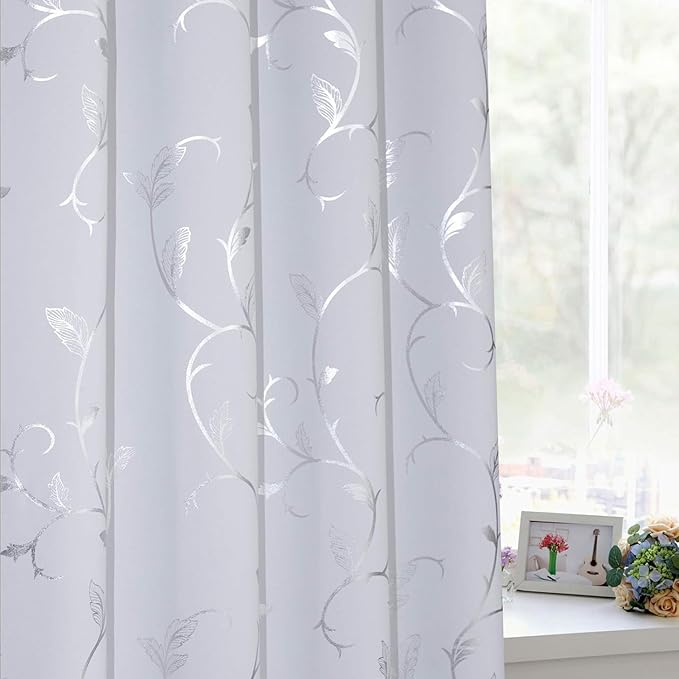 BUHUA Silver Grey Blackout Curtain 2 Panel Set Vine Foil Print Thermal - Image 4