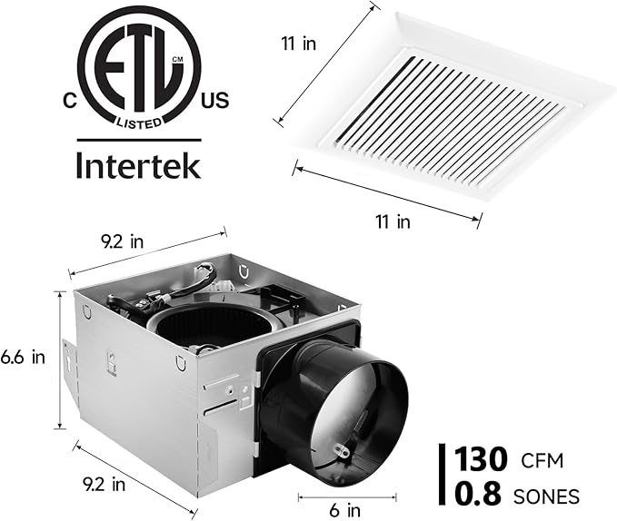Bathroom Exhaust Fan 130 CFM 0.8 Sone, 6 Inch Duct, Quiet Energy Saving - Image 5