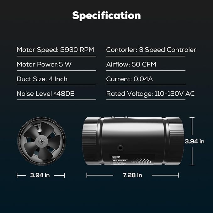 4 Inch Inline Duct Fan with Speed Controller –130 CFM, Ultra-Quiet 48dB - Image 8