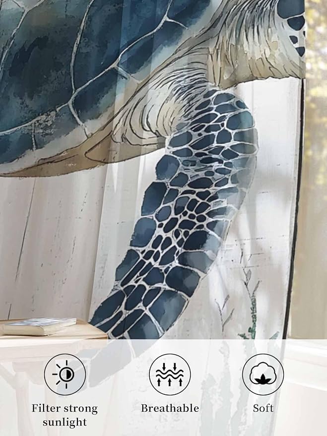 Sheer Curtains 72 Inches Long, Sea Turtle Teal Blue Semi Sheer Curtains Light - Image 6