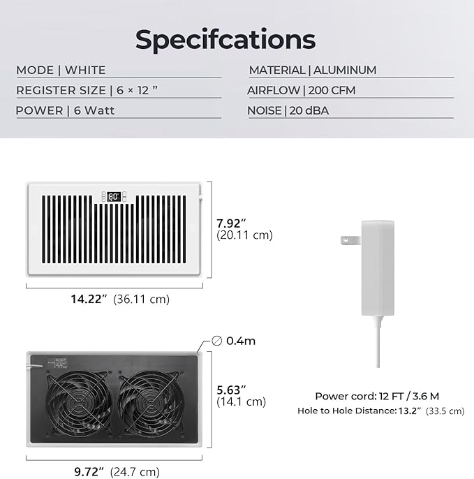 Quiet Register Booster Fan Fits 6" x 12" Register Holes, 10-Speed Smart Heating - Image 6