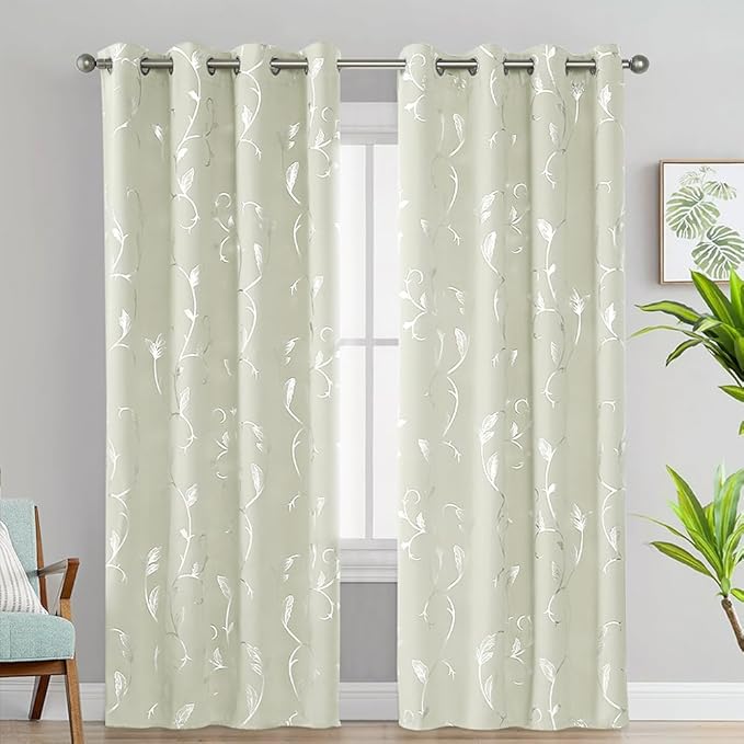 BUHUA Blackout Curtains Silver Foil Print Flower Vine Grommet Drapes, Room - Image 2