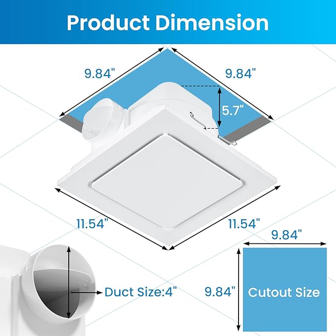 Hon&Guan Bathroom Exhaust Fan, Quiet Square Bathroom Vent Fan 111 CFM, 1.0 Sones - Image 2