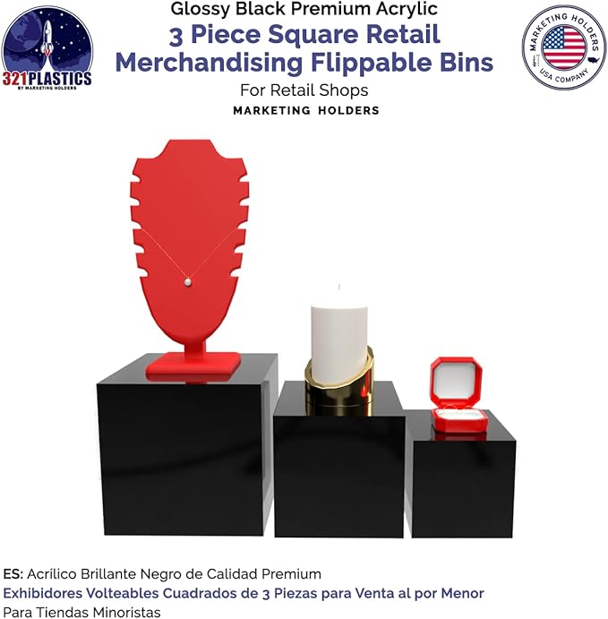 Acrylic Display Riser Boxes 3 Piece Black No Lid Retail Product Riser - Image 3