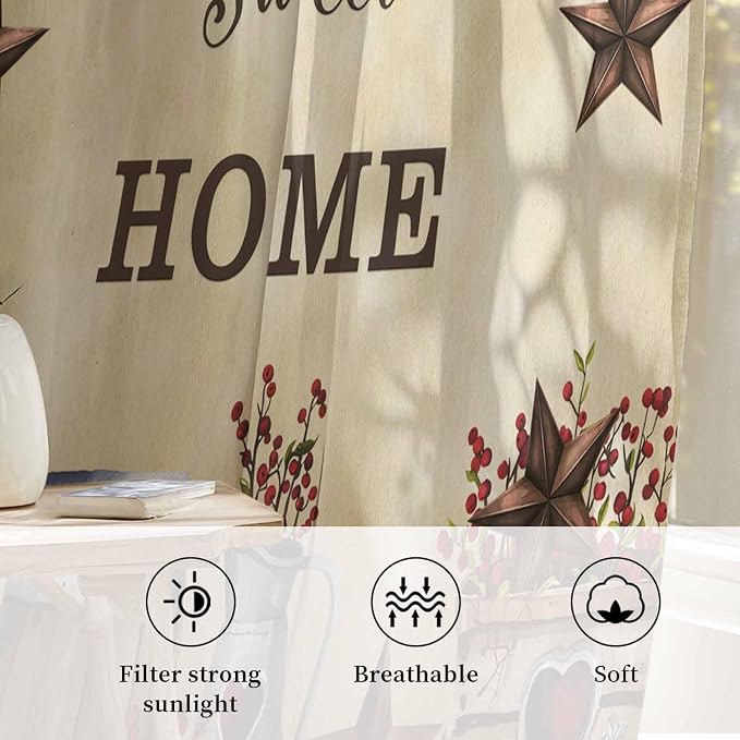 Farm Sheer Curtains 54 Inch Length American Country Barn Star Vintage Berry - Image 2