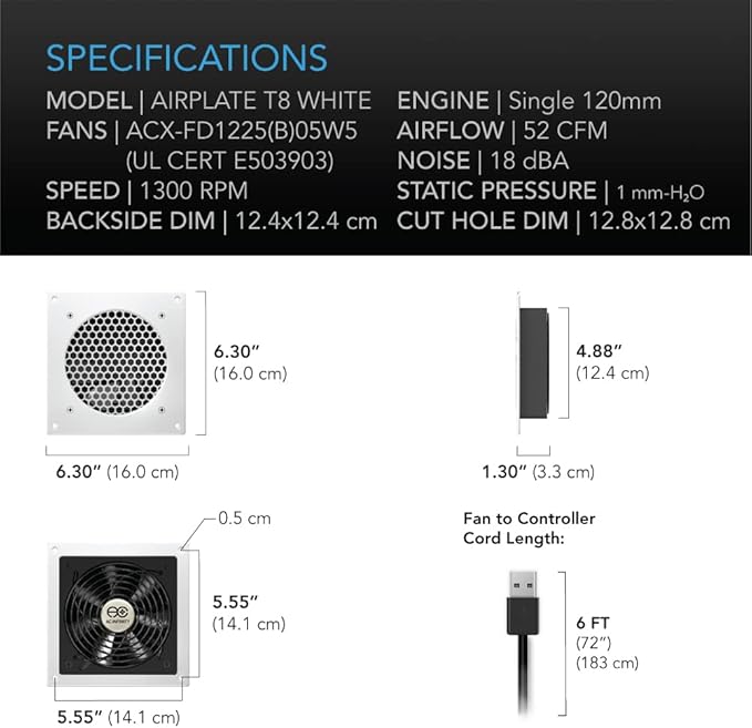 AC Infinity AIRPLATE T8 White, Quiet Cooling Dual-Fan System 6" - Image 6