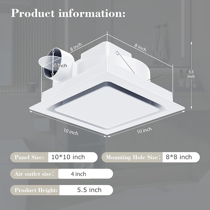 Bathroom Exhaust Fan 10" Panel Ultra Quiet without Light（8x8 Mount） - Image 2