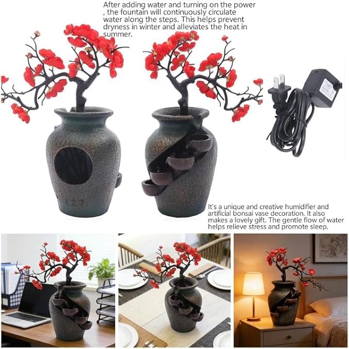 16" Flower Ornament Vase Decorative Bonsai Mini Tabletop Waterfall Fountain - Image 3