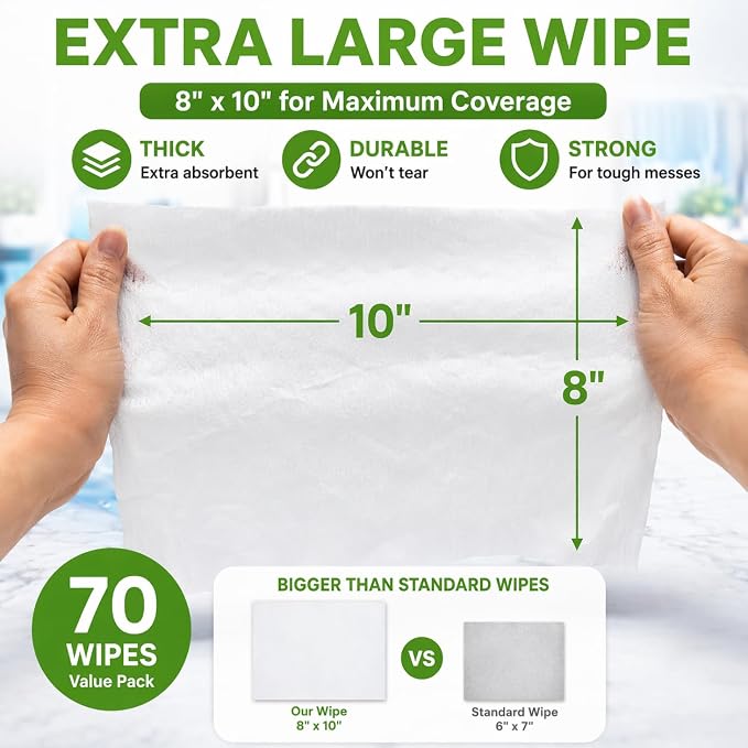 Air Jungles All Purpose Cleaning Wipes 70 Count, Extra Large 8" x 10" Heavy Duty - Image 2