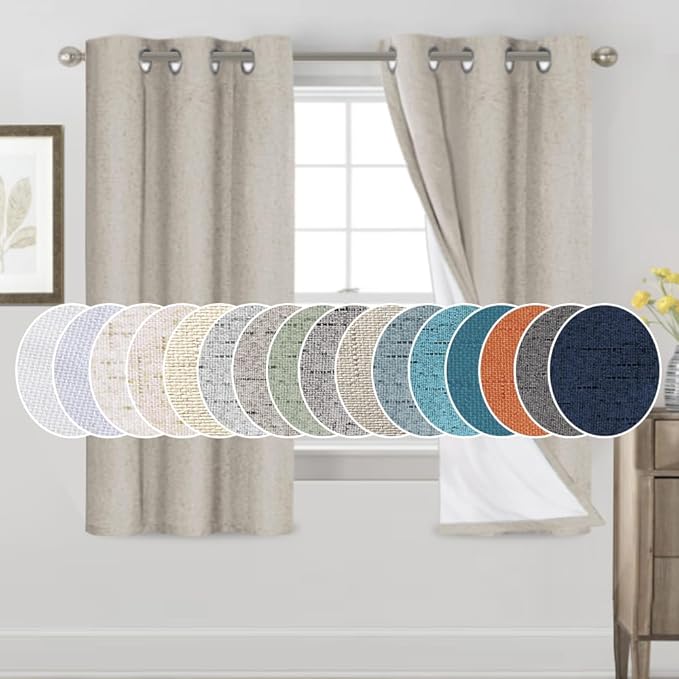 PrinceDeco Linen Texture Curtains 100% Blackout Curtains 64 inch Long 2 Panels by PrinceDeco