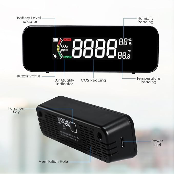 CO2 Monitor CO2 Meter Detector, Rechargeable Indoor Air Quality Monitor - Image 7