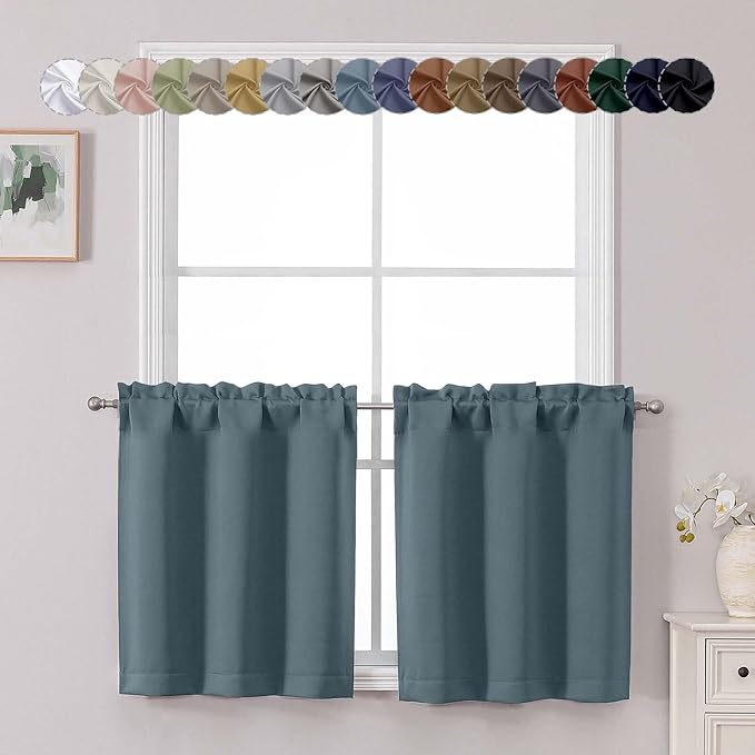Chyhomenyc Stone Blue Short Blackout Curtains 24 Inch Length, Small Kitchen by Chyhomenyc