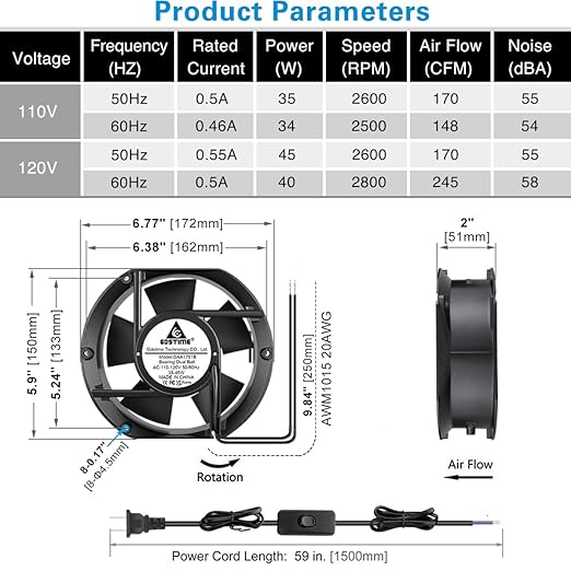 GDSTIME Axial Fan 17251, 110V 120V AC 172mm x 150mm x 51mm Dual Ball Bearing - Image 6