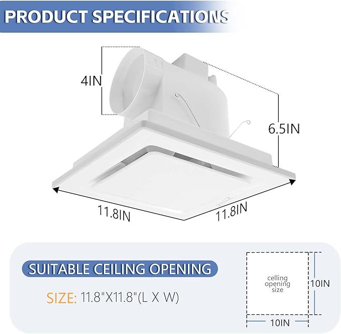 Bathroom Fan Ceiling Mount Exhaust Ventilation, 141 CFM 0.7 Sones, 4 Inches Duct - Image 2