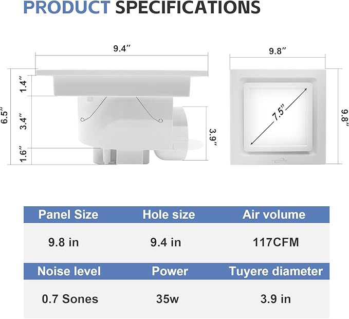 Bathroom Exhaust Fan with Light, 9.8 in Panel, 6000K 12W Square LED, 117CFM 0.7 - Image 2