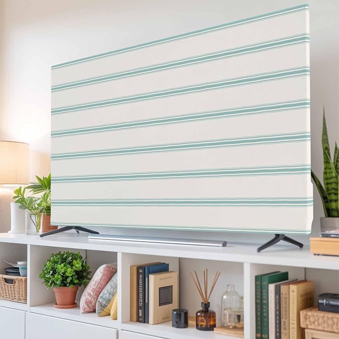 Abstract Teal Stripe Geometric Art Indoor TV Cover, Elastic TV Screen Protector - Image 6